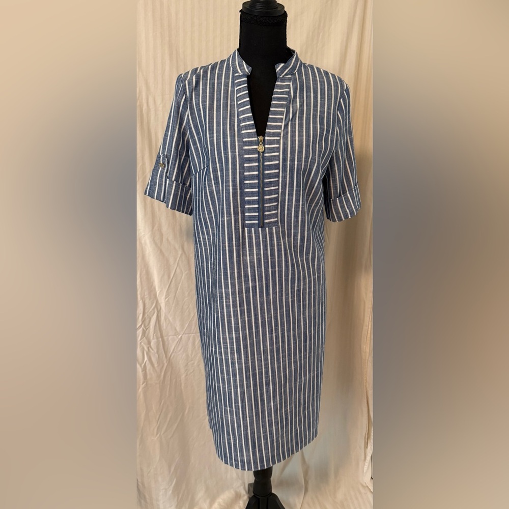 Anne Klein Blue and White Striped Midi Shirt Dress